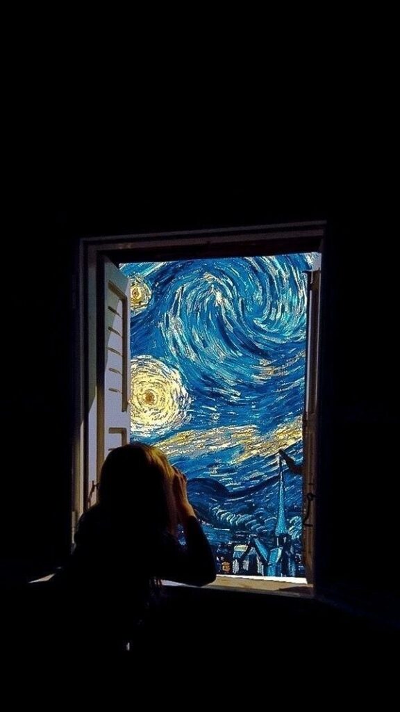 wallpaper para celular da Noite Estrelada de Van Gogh sendo observada pela janela