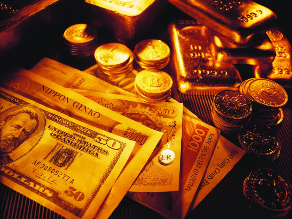 notas e moedas em tons dourados para wallpaper de celular