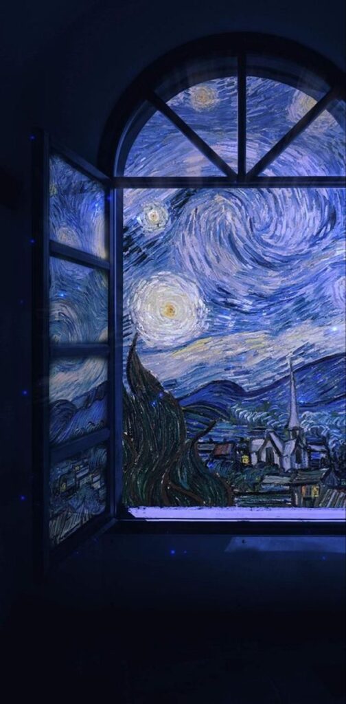 uma releitura da obra noite estrelada de van gogh vista por uma janela