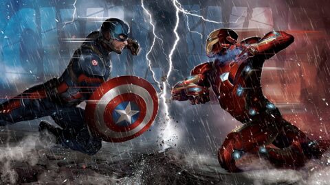 papel de parede para pc de duas lendas, um duelo: Homem de Ferro vs Capitão América
