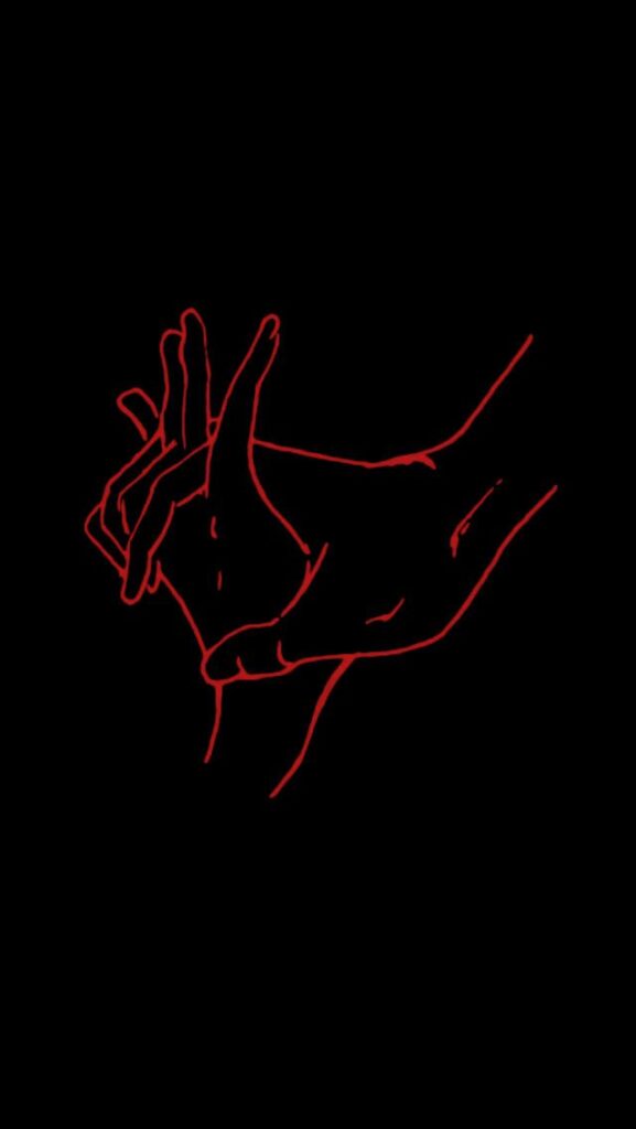 papel de parede preto com desenho de duas mãos vermelhas juntas