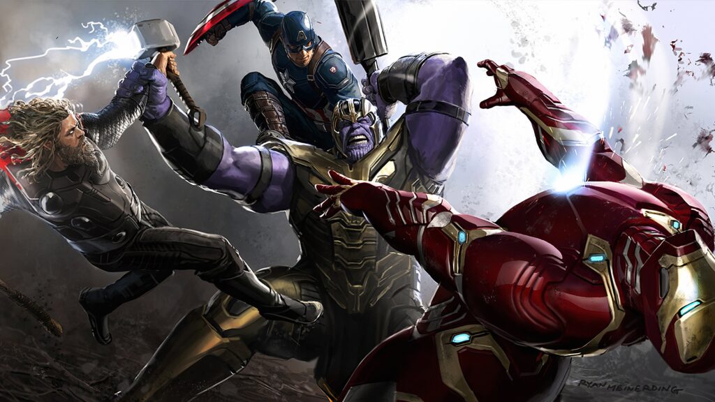 Thanos em Ação: Uma imagem dinâmica de Thanos em meio à batalha, destacando sua agilidade e força incomparáveis nesse wallpaper para pc