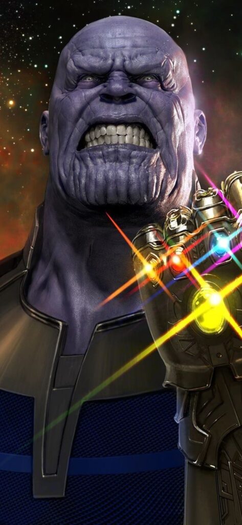 Olhar Infinito: Os olhos de Thanos refletem o poder das Joias do Infinito neste cenário digital impressionante nesse wallpaper para celular