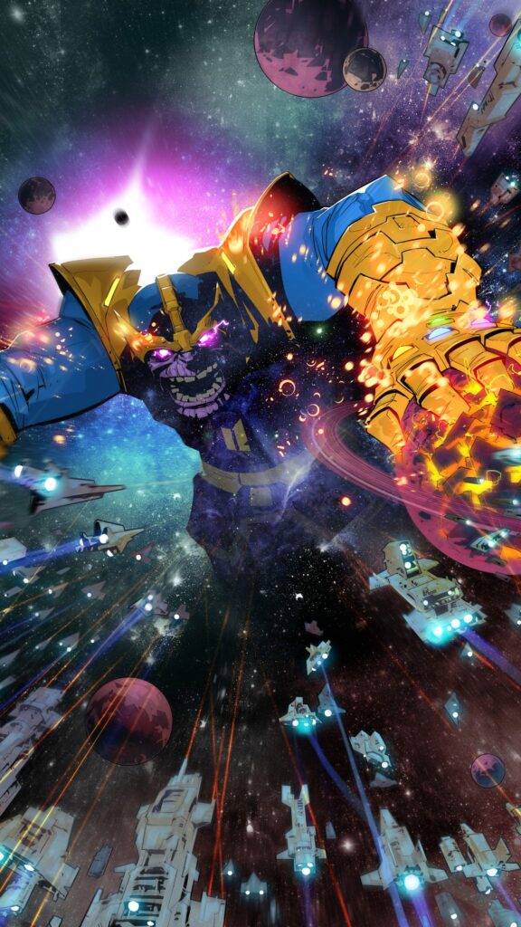 Rei do Universo: Thanos sentado no trono cósmico, uma representação visual de sua busca pelo domínio universal nesse wallpaper para celular