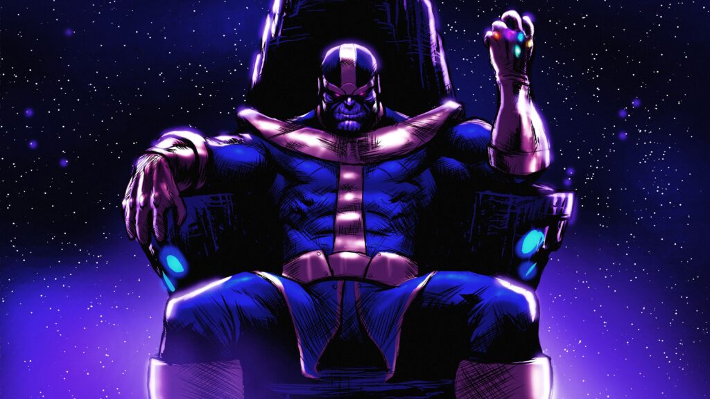 thanos em pose majestosa nesse papel de parede para pc