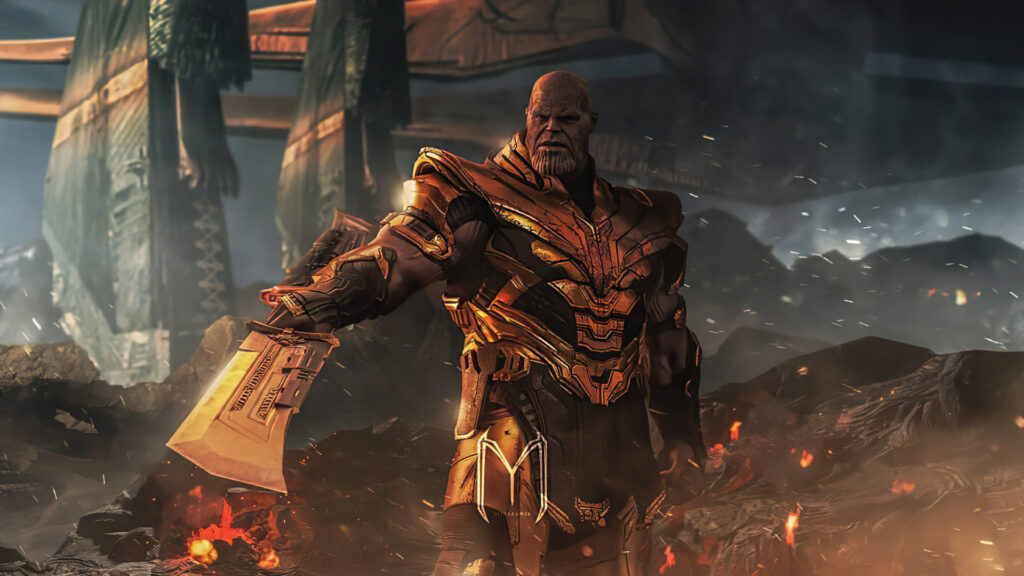 Eminência Titânica: A figura imponente de Thanos domina o centro deste wallpaper para pc , emanando uma aura de dominação