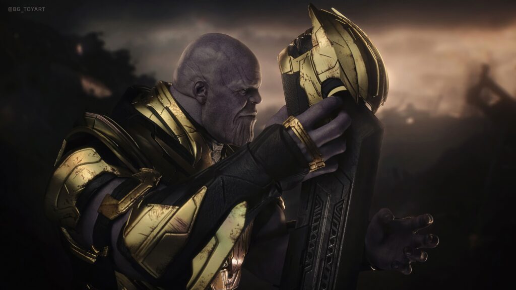 Vingança Cósmica: Uma representação vibrante de Thanos em busca de vingança, sua presença preenchendo cada polegada do wallpaper para pc