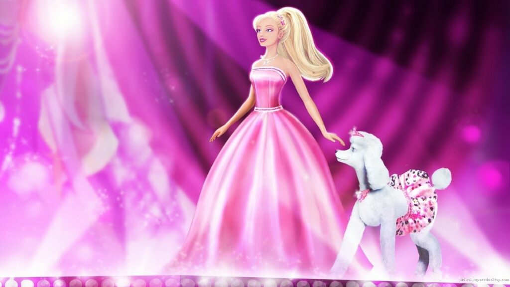 a barbie com seu cachorro e um lindo vestido nesse wallpaper para pc