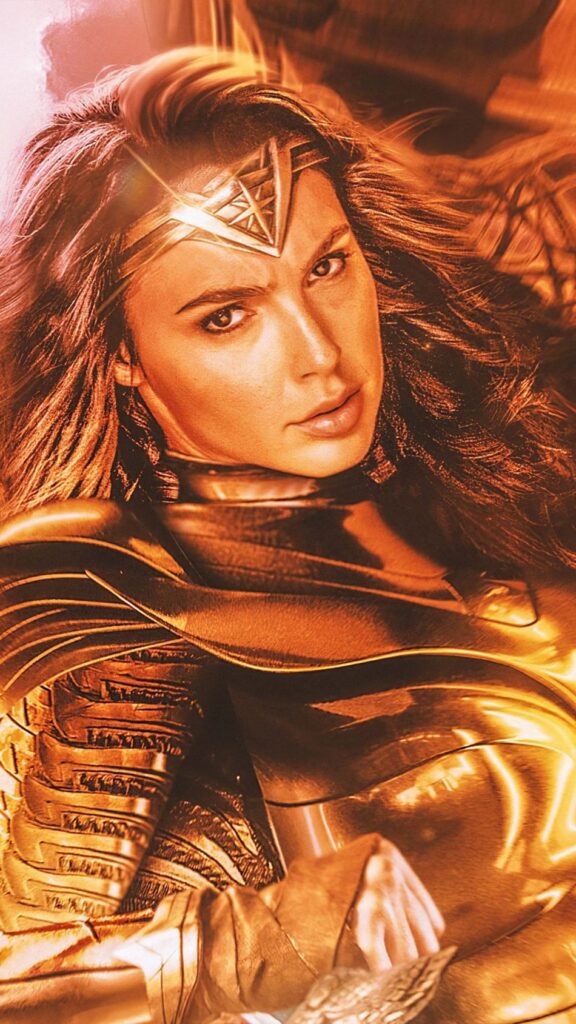 wallpaper para celular Mulher-Maravilha, uma guardiã do mundo, em uma pose de heroísmo inabalável