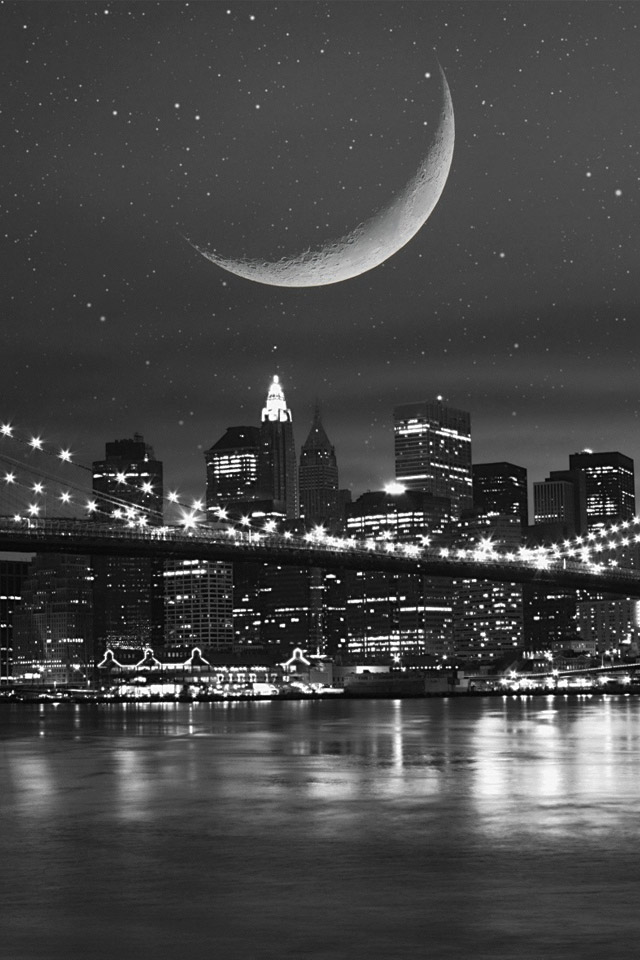 papel de parede em preto e branco cidade iluminada pela lua