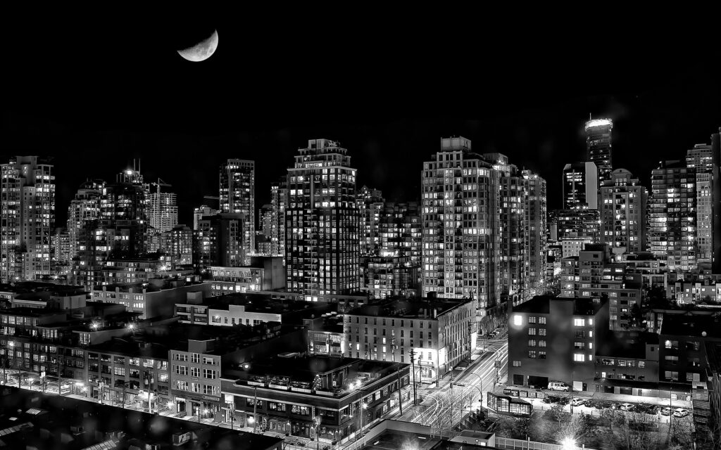 linda cidade em preto e branco com luzes destacando para pc