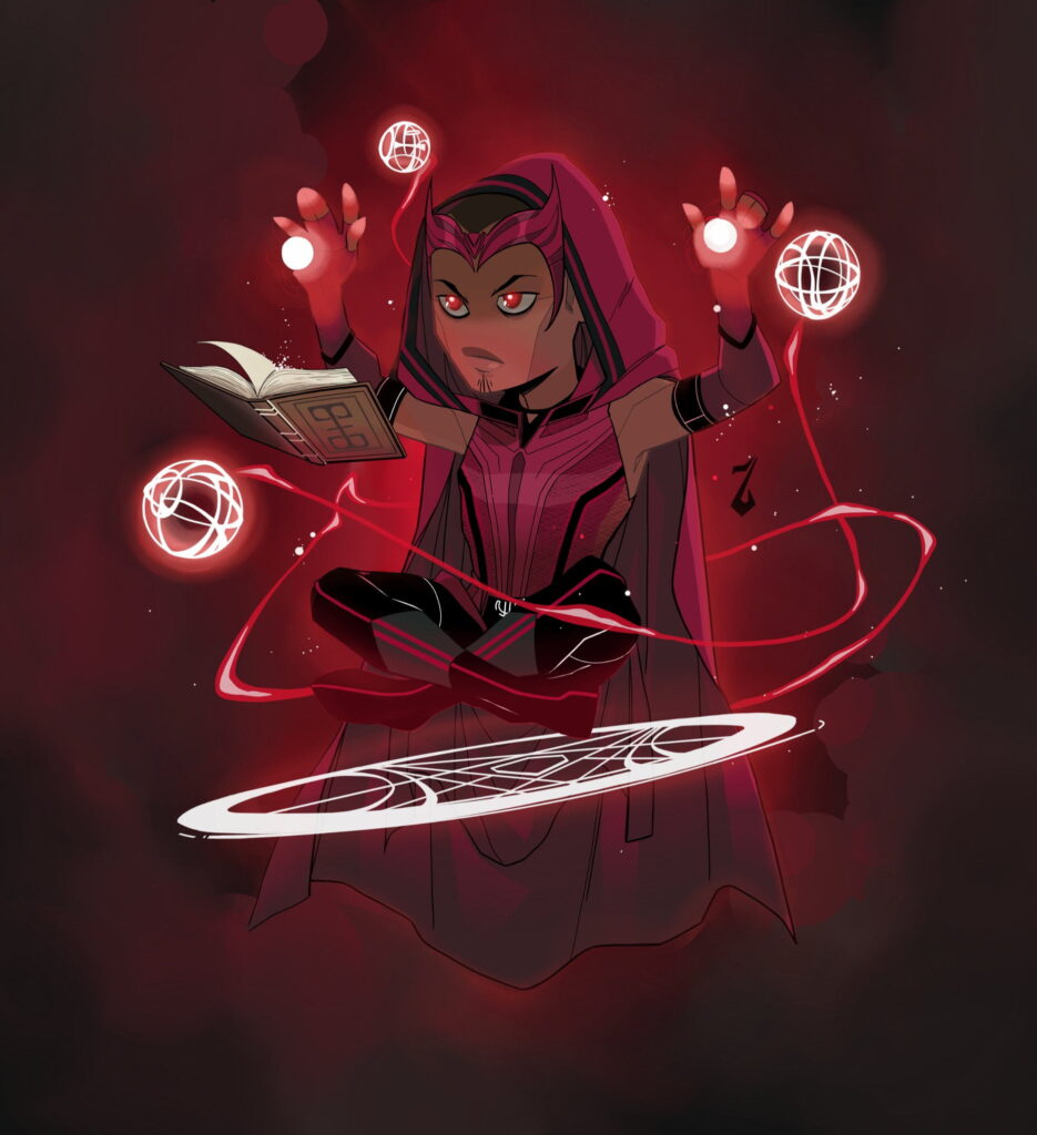 Arte marvel comics da Wanda evocando seu poder por um livro