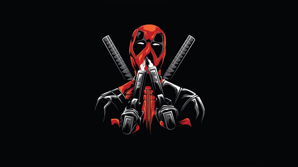 Deadpool soprando o cano das pistolas