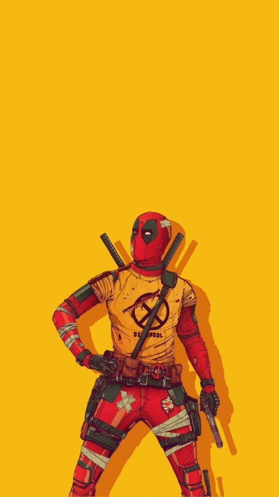 Ilustração do Deadpool com curativo com background amarelo