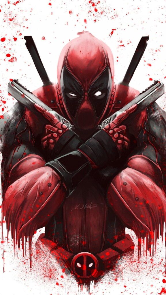 Imagem mobile com respindo de vermelho e fundo branco do Deadpool