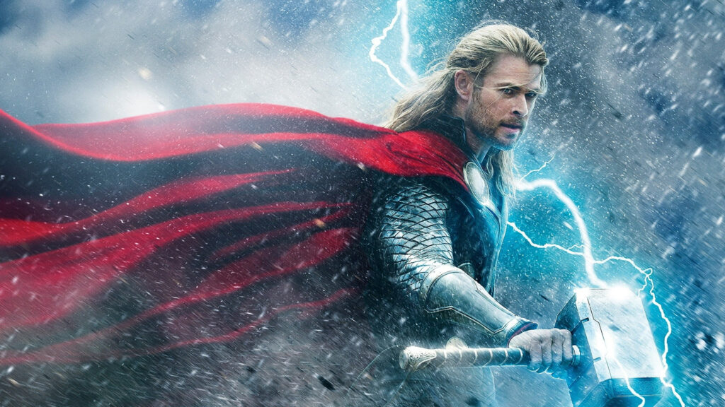 Thor segurando seu martelo sob a chuva