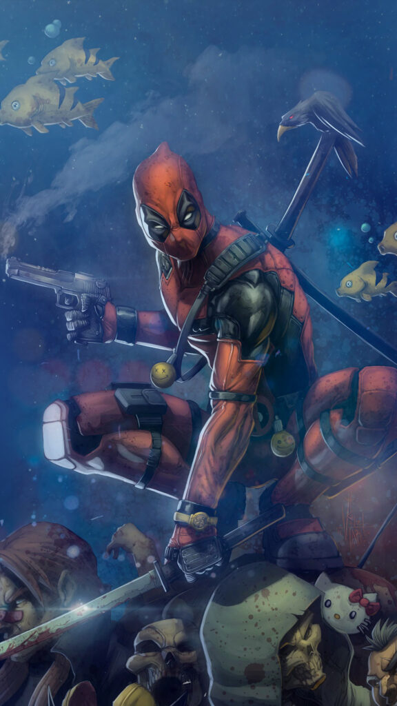 imagem artistica do Deadpool em baixo d'água